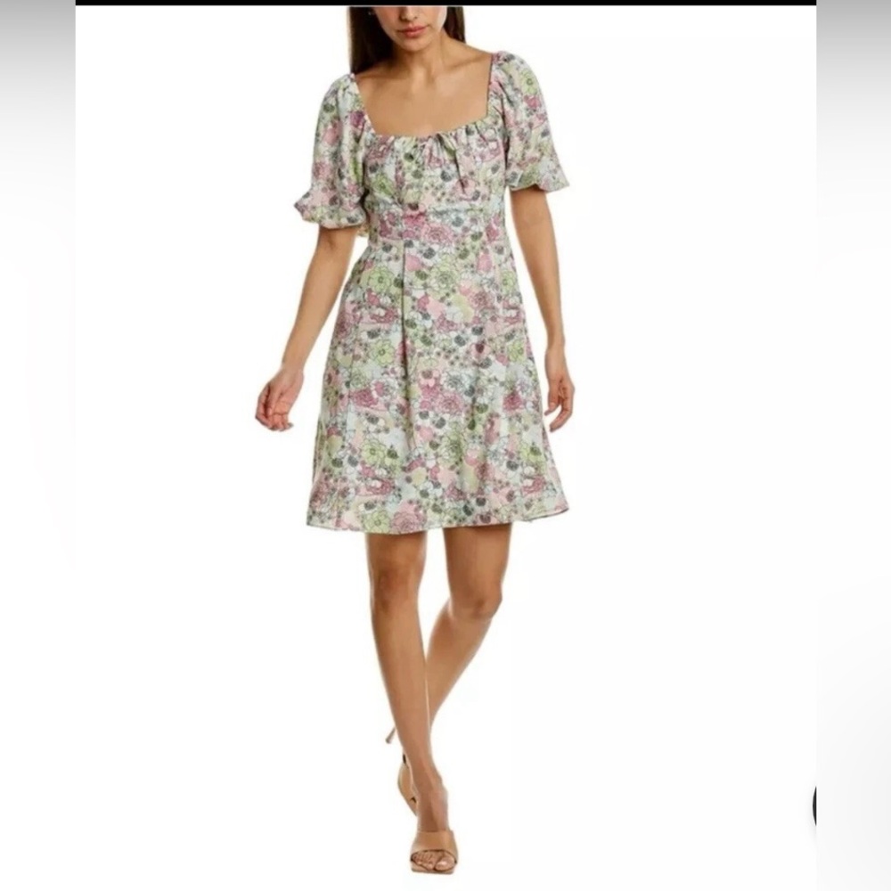 BCBGENERATION Fit & Flare Dress Womens Floral Puff Short Sleeve Sundress Size 12